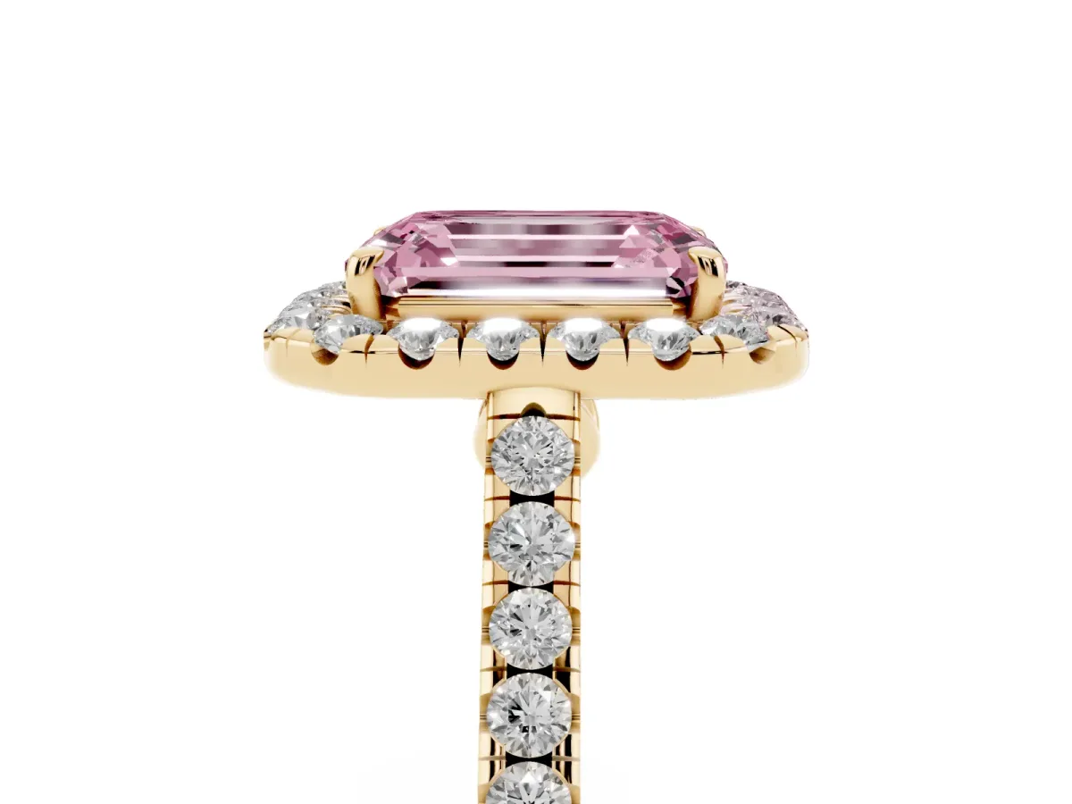 Fancy Pink Emerald Cut Halo Pave Diamond Engagement Ring with Four-Prong Setting Yellow gold