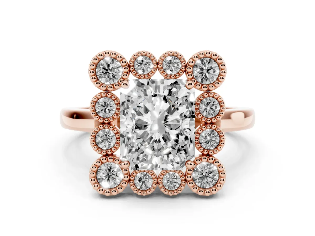 Radiant Cut Halo Diamond Cluster Engagement Ring with Milgrain Bezel Setting and Solitaire Band Rose gold