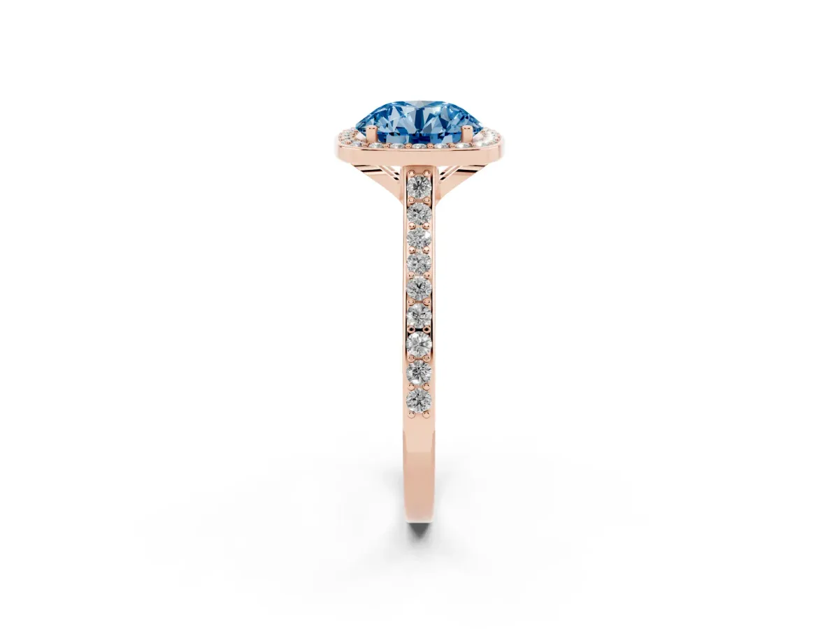 Fancy Blue Round Cut Diamond Halo Engagement Ring with Round Pavé Shoulders and Prong Setting Rose gold