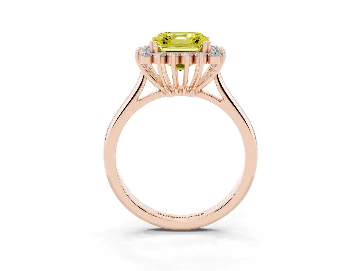 Fancy Yellow Asscher Cut Cut Diamond Halo Ring with Solitaire Band and Prong Setting Rose gold
