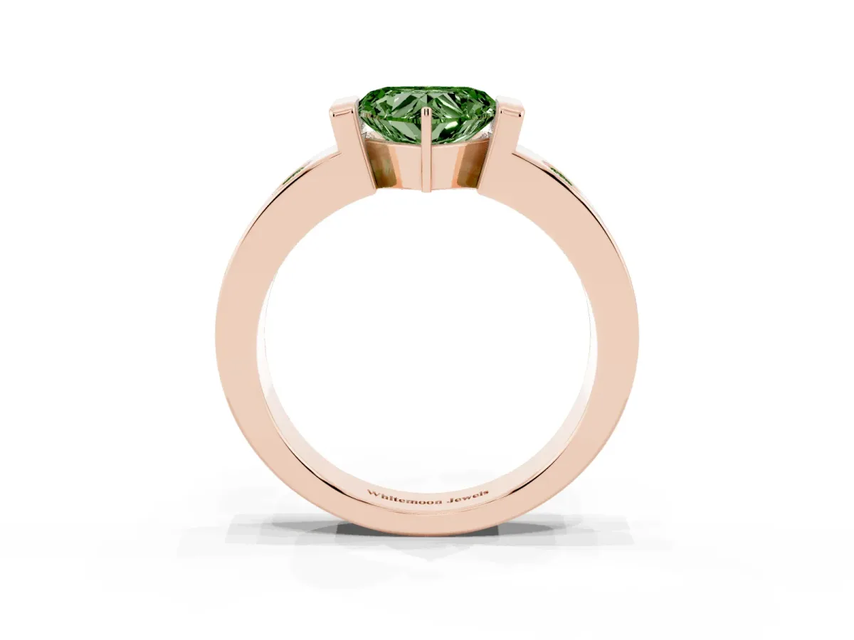 Fancy Green Heart Cut Brilliant Channel-Set Diamond Ring with Bezel Prong Setting Rose gold
