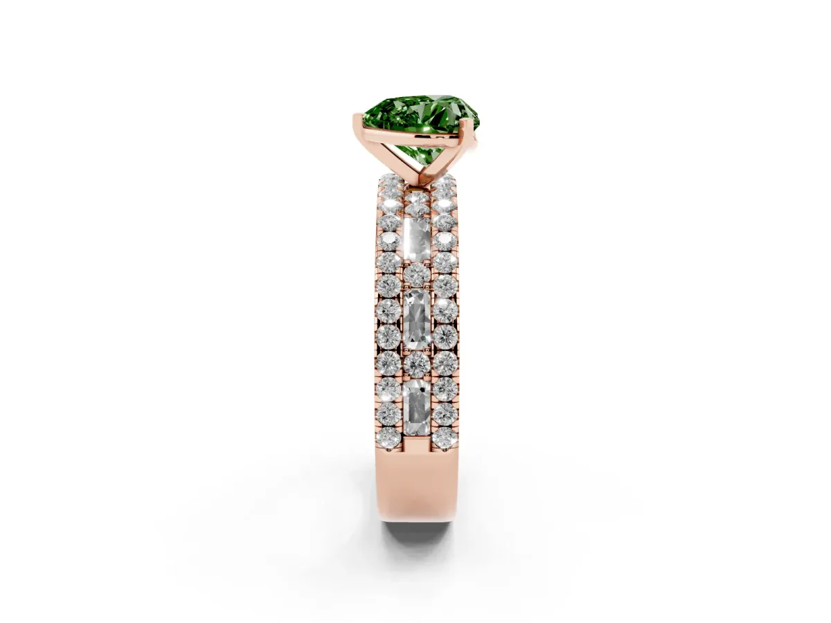Fancy Green Heart Cut Diamond Solitaire Ring with Pavé and Channel Set Band Rose gold