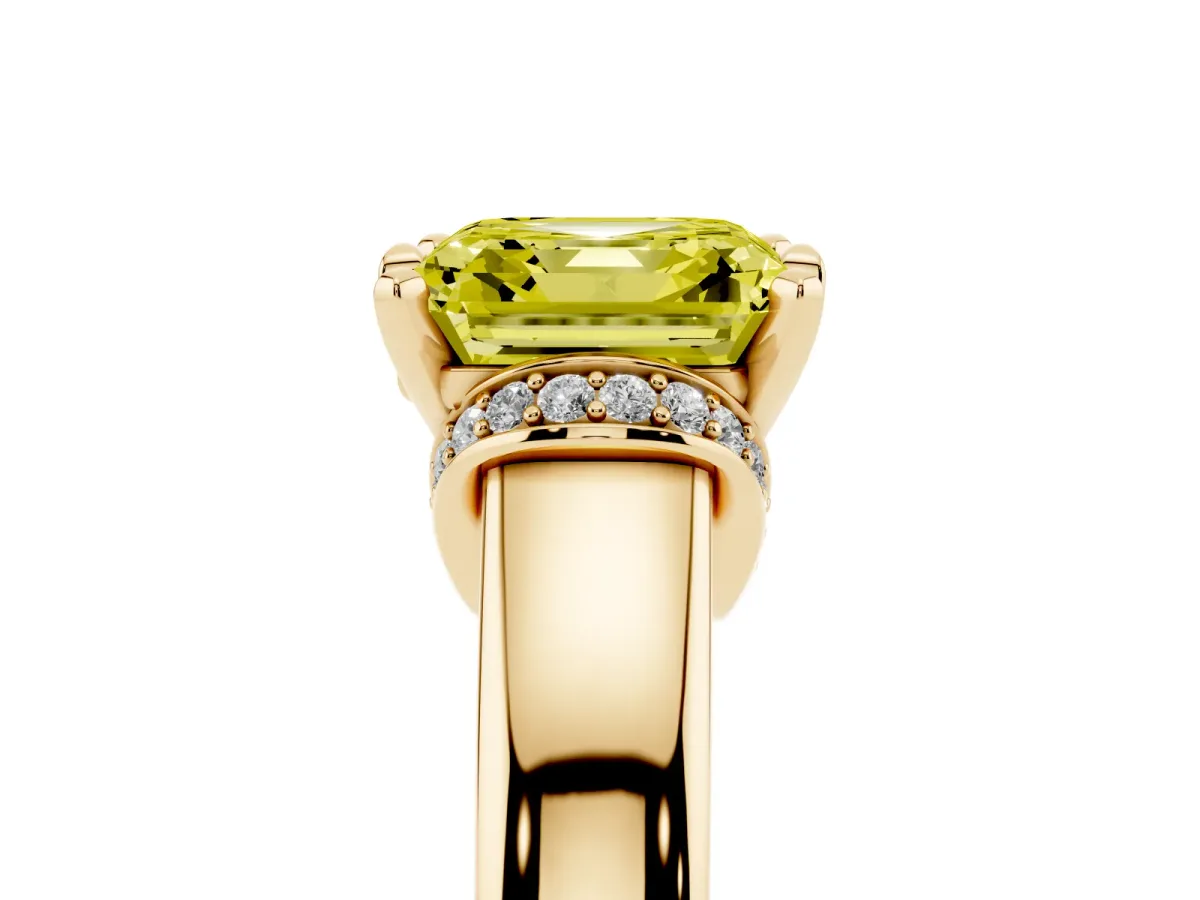 Fancy Yellow Asscher Cut Solitaire Diamond Ring with Pave Band and Six-Prong Setting Yellow gold