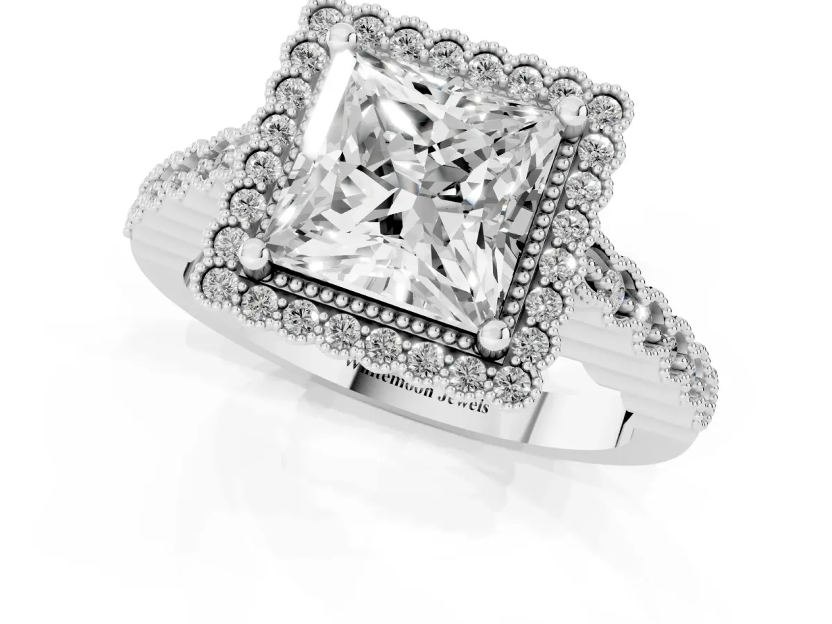 Princess Cut Cut Halo Pavé Solitaire Ring with Milgrain Band Platinum