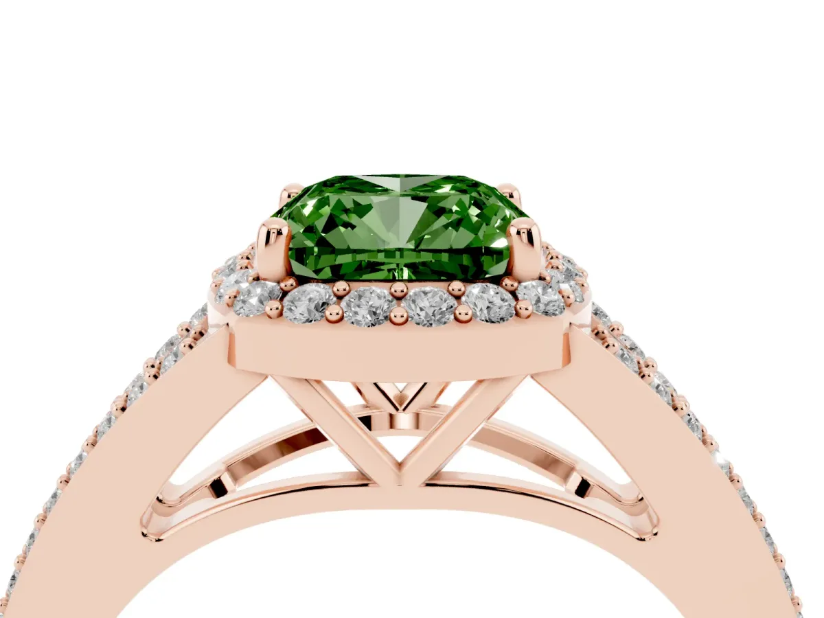 Fancy Green Cushion Cut Halo Split Shank Diamond Ring with Prong Setting Rose gold