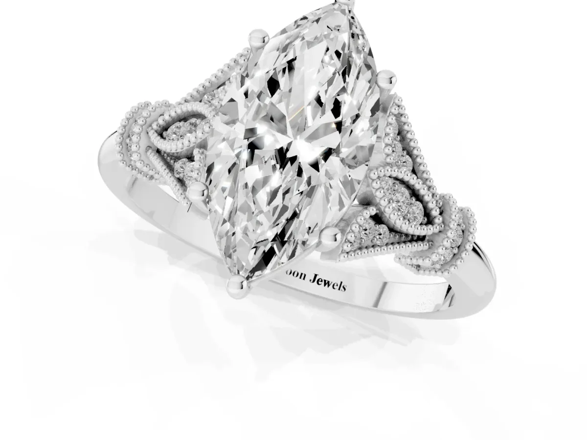 Marquise Cut Diamond Solitaire Ring with Floral Filigree and Pave Accents White gold