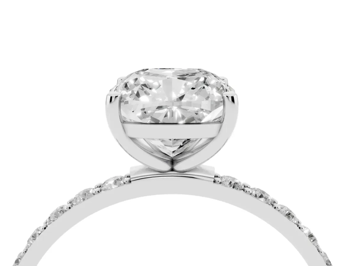 Cushion Cut Diamond Solitaire Ring with Round Pavé Shoulders and Prong Setting Platinum