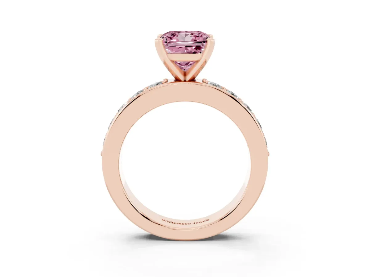 Fancy Pink Princess Cut Diamond Engagement Ring with Channel Set Round Band and Prong Setting Rose gold