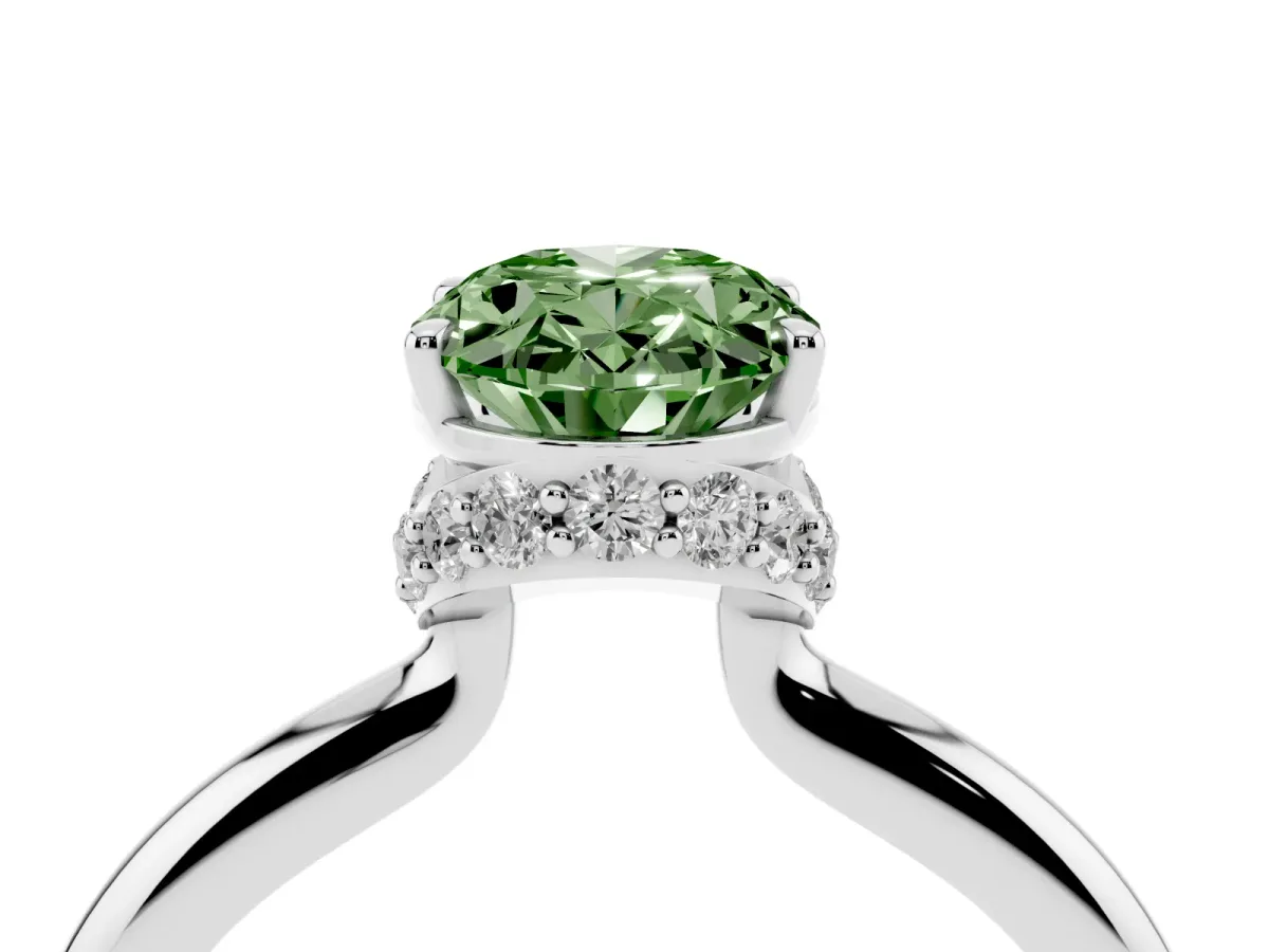 Fancy Green Oval Cut Brilliant Solitaire Engagement Ring with Six-Prong Setting and Classic Band Silver