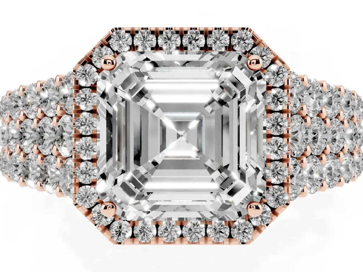 Asscher Cut Diamond Halo Engagement Ring with Triple Row Round Pavé Band and Prong Setting Rose gold