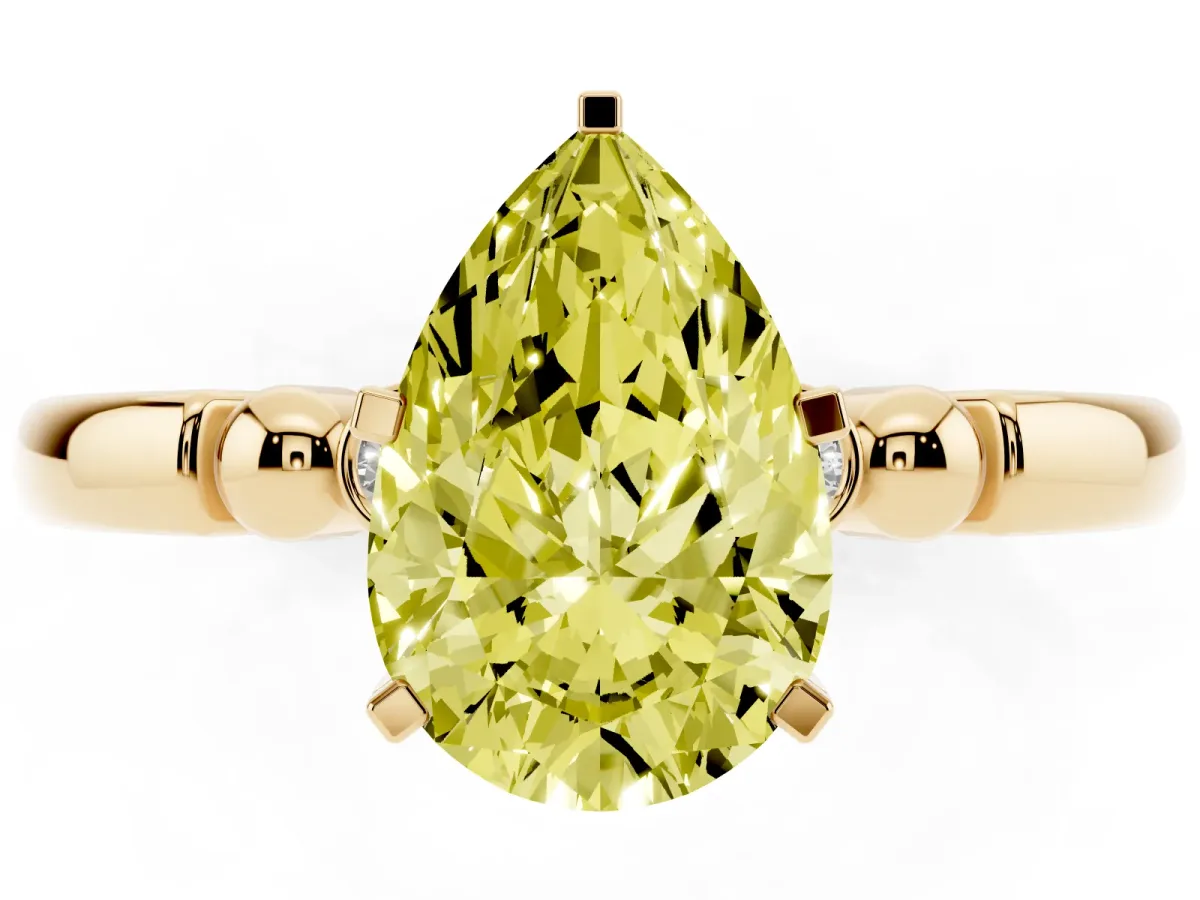 Fancy Yellow Pear Cut Solitaire Beaded Band with Four-Prong Setting Yellow gold