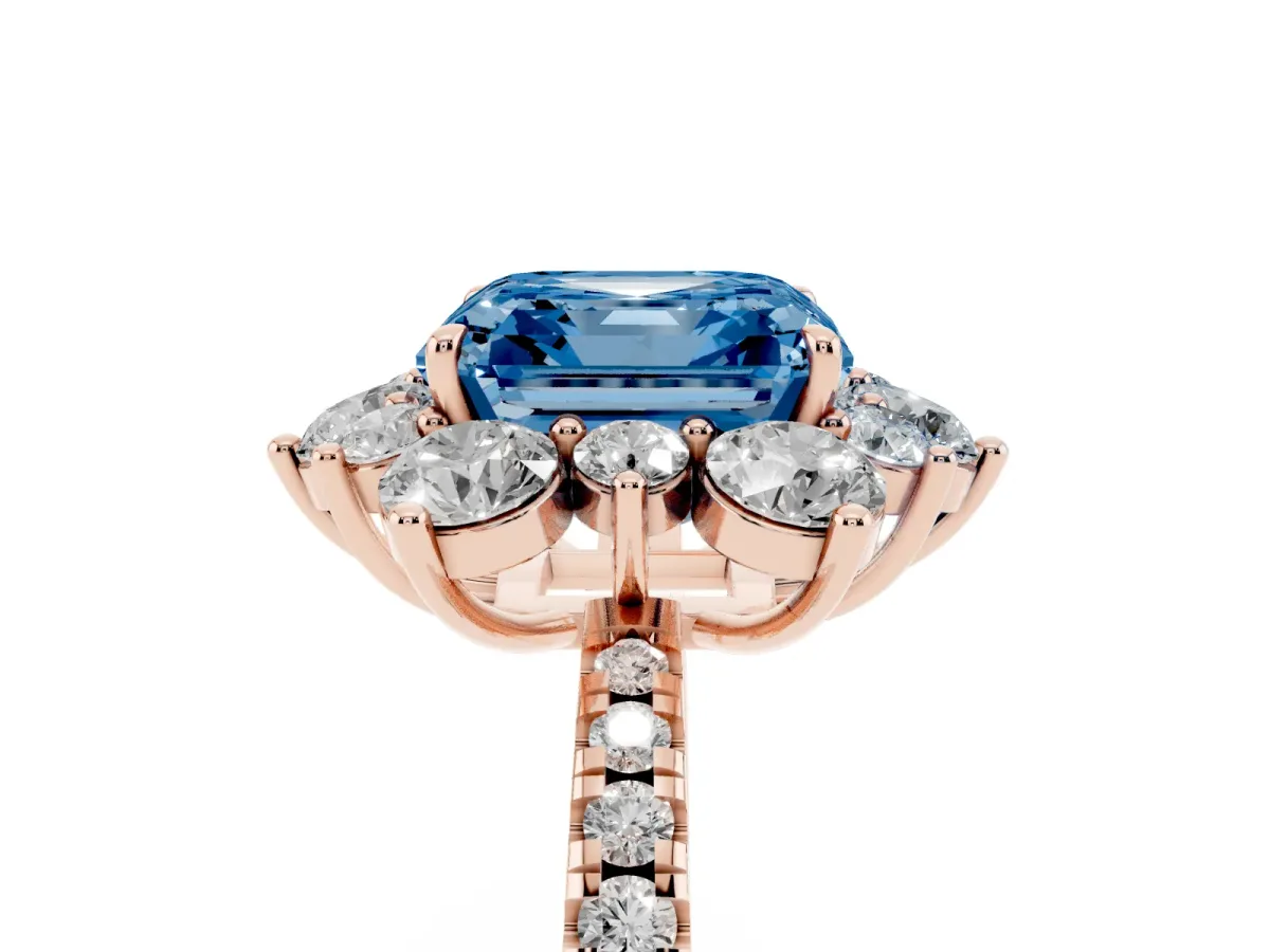 Fancy Blue Asscher Cut Diamond Floral Halo Ring with Round Pavé Band and Prong Setting Rose gold