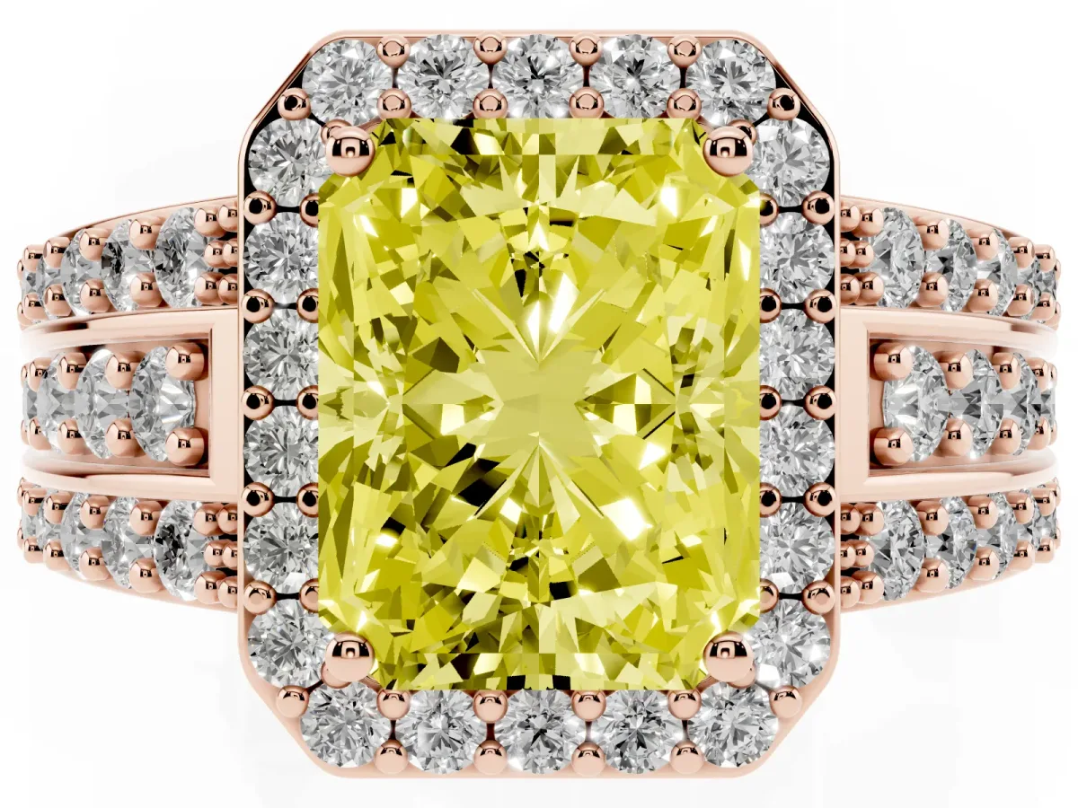 Fancy Yellow Radiant Cut Halo Diamond Ring with Round Split Shank and Prong Setting Rose gold