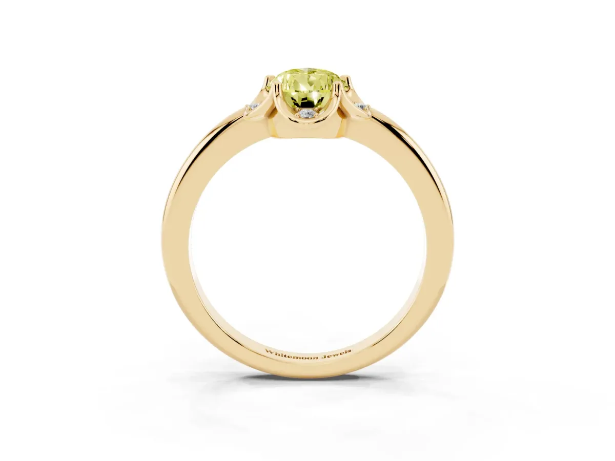 Fancy Yellow Pear Cut Halo Diamond Ring with Round Cluster Setting, Solitaire Band, and Four-Prong Setting Yellow gold