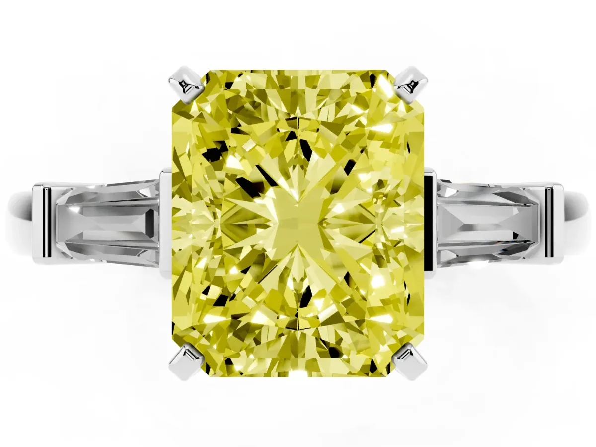 Fancy Yellow Radiant Cut Cut Diamond Solitaire Ring with Tapered Baguette Accents and Four-Prong Setting White gold