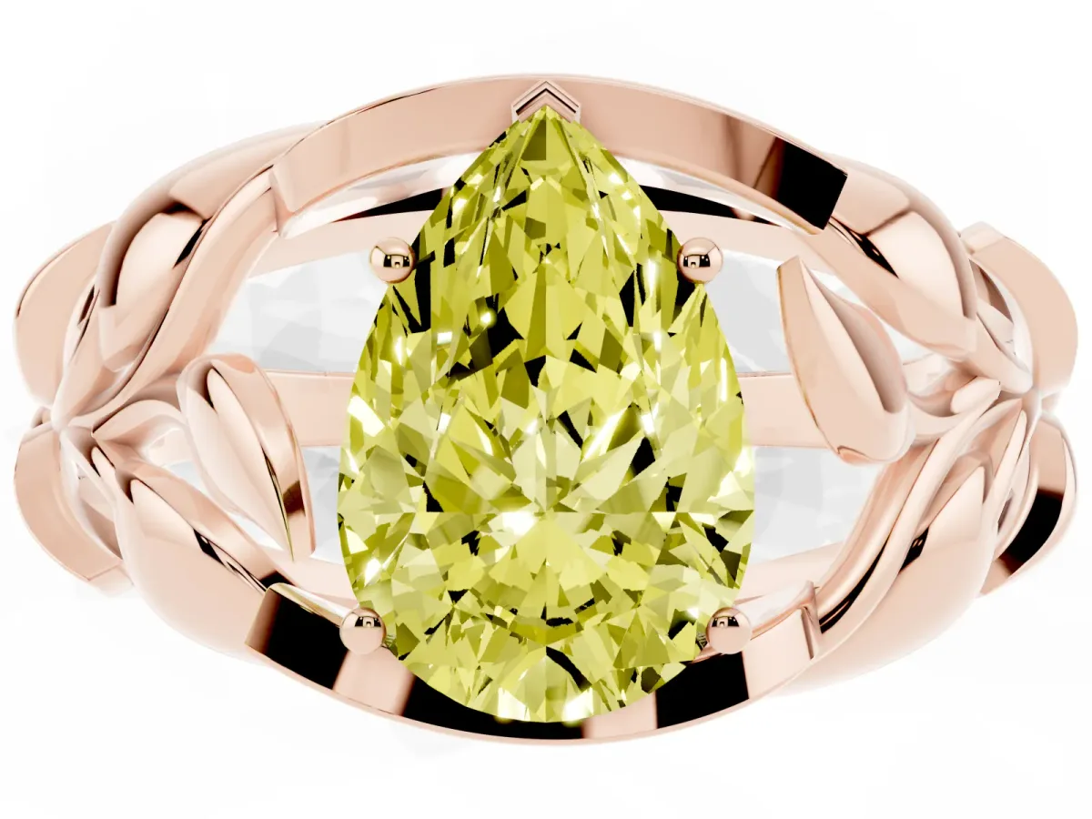 Fancy Yellow Pear Cut Diamond Leaf-Inspired Engagement Ring with Round Accents and Prong Setting Rose gold