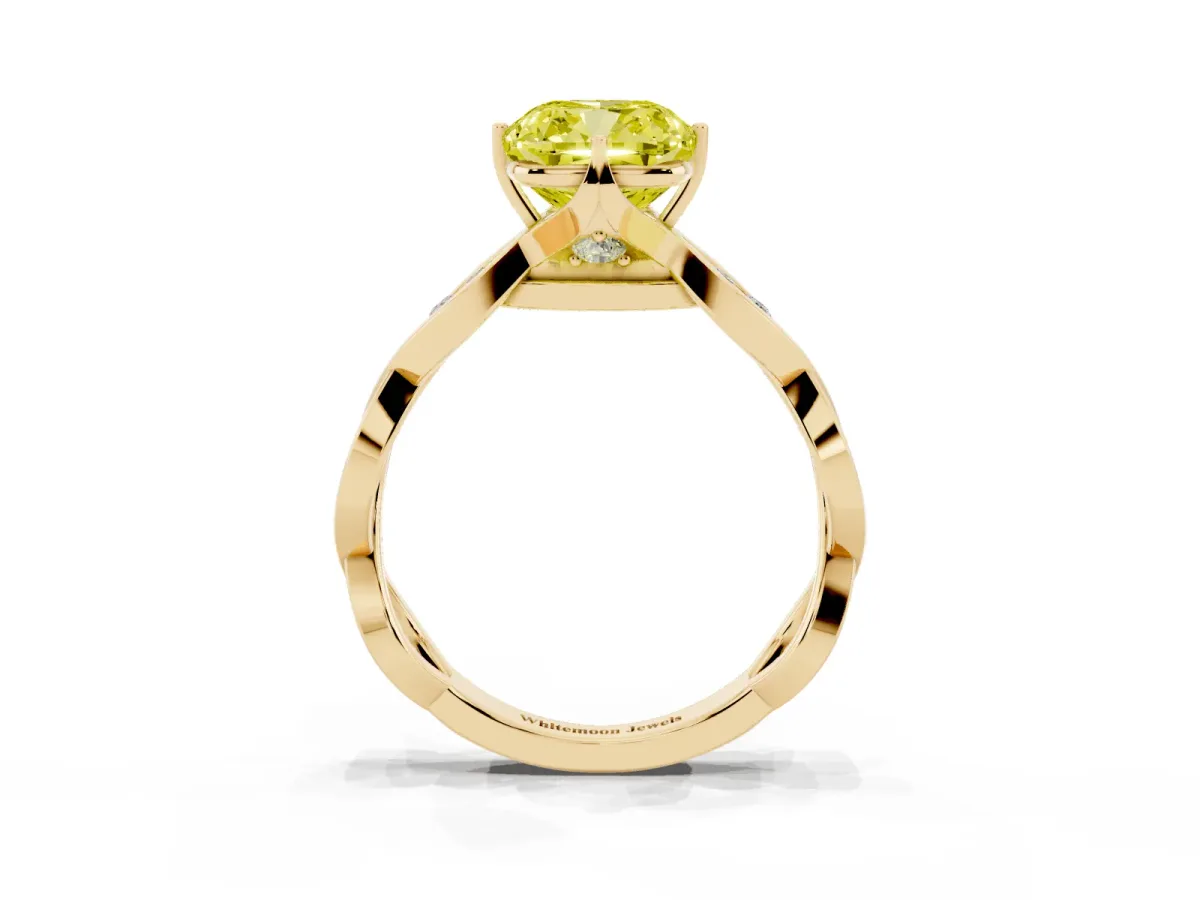 Fancy Yellow Cushion Cut Solitaire Twist Band with Leaf Prong Setting Yellow gold