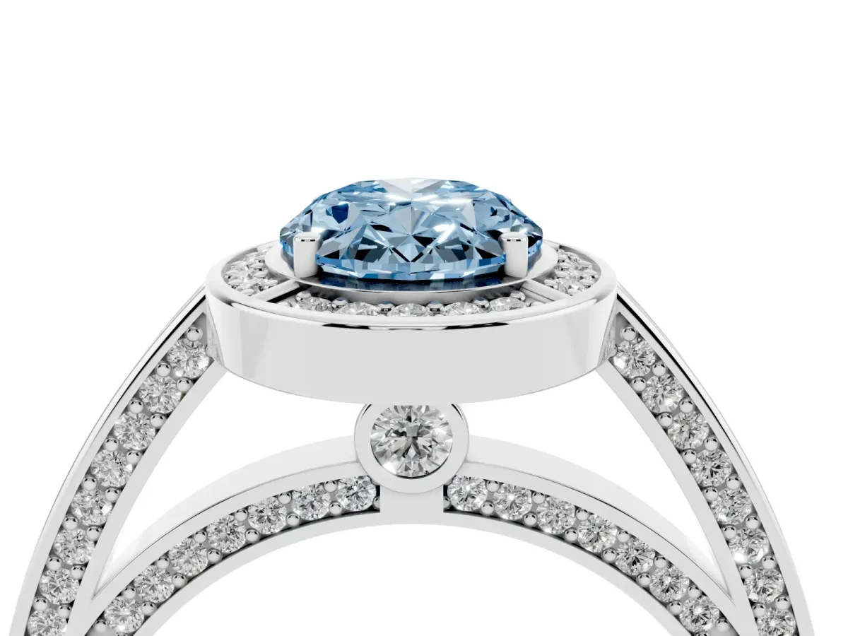 Fancy Blue Oval Cut Cut Halo Pave Split Shank Prong Setting Ring Silver