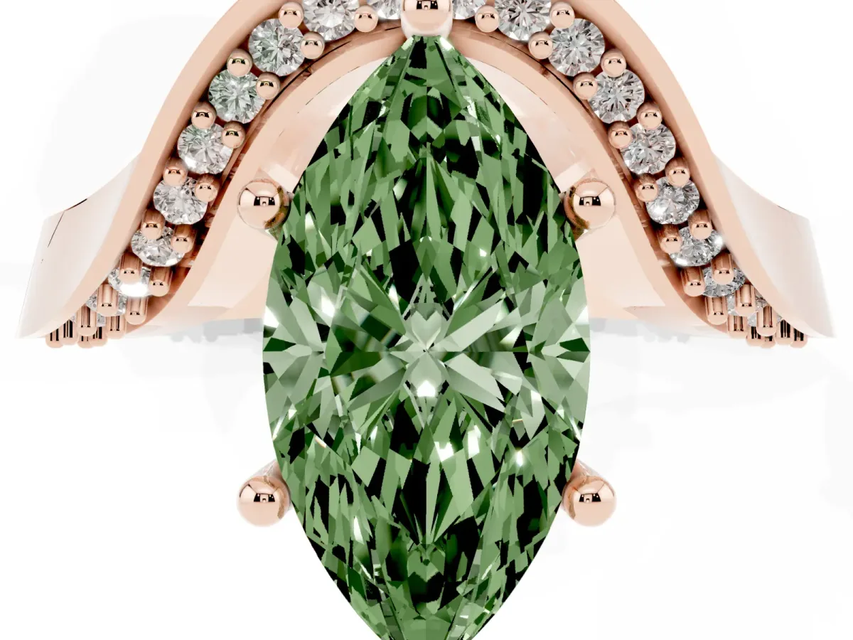 Fancy Green Marquise Cut Solitaire Diamond Engagement Ring with Pave Band and Four-Prong Setting Rose gold