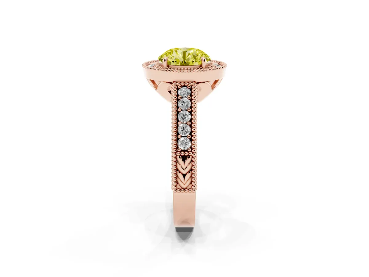 Fancy Yellow Round Cut Cut Halo Diamond Ring with Pavé Band and Four-Prong Setting Rose gold