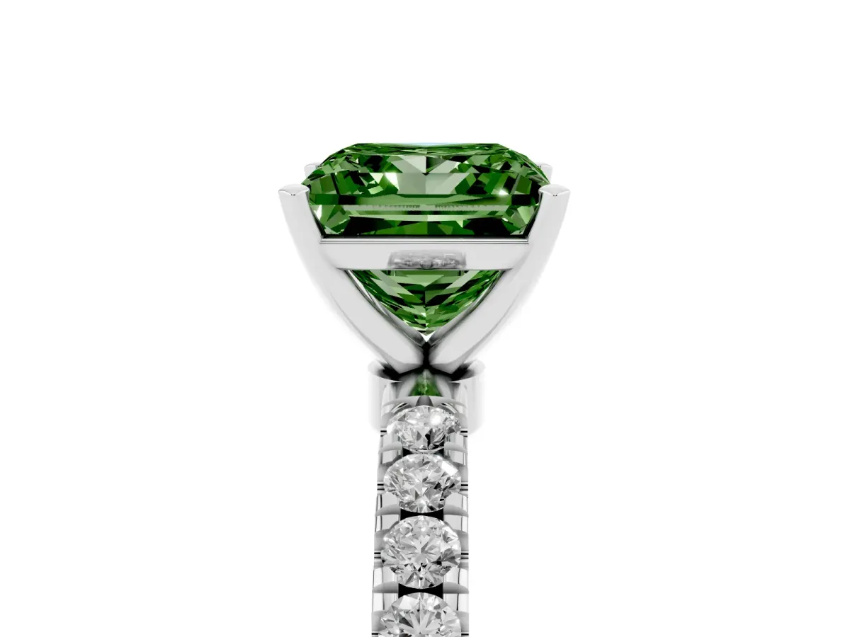 Fancy Green Princess Cut Diamond Solitaire Ring with Pavé Accents and Four-Prong Setting Platinum