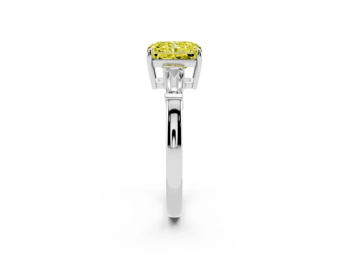 Fancy Yellow Radiant Cut Diamond Three-Stone Ring with Tapered Baguette Side Stones and Prong Setting Silver
