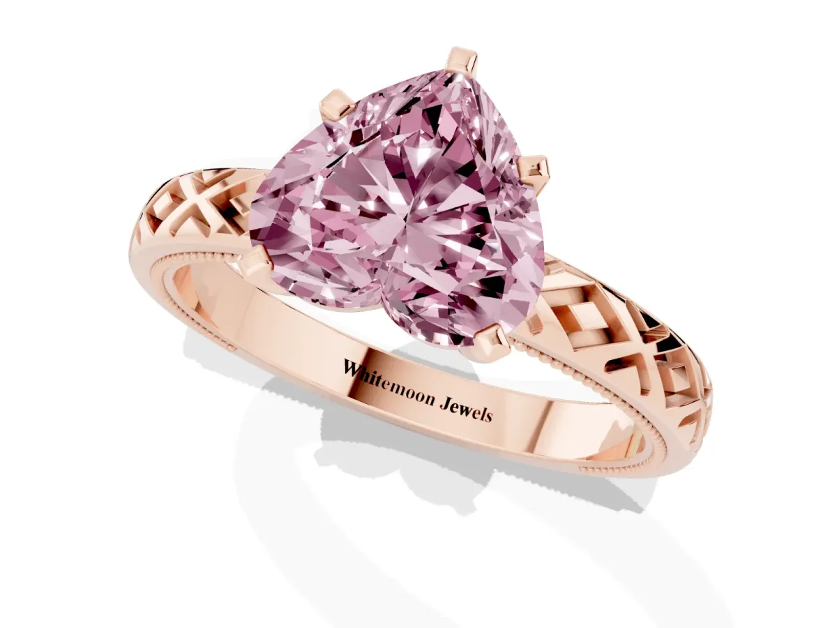 Fancy Pink Heart Cut Solitaire Diamond Ring with Milgrain and Black Enamel X Pattern Band Rose gold