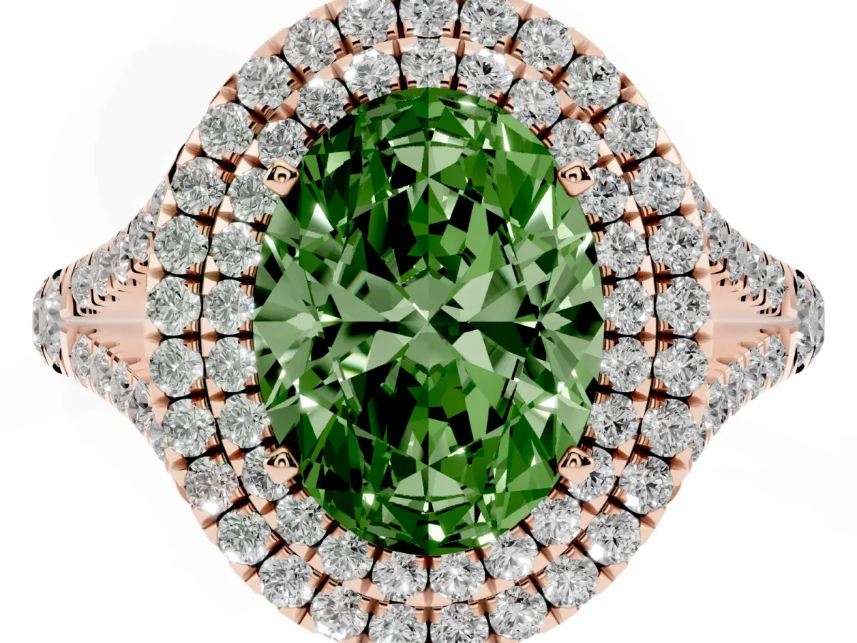 Fancy Green Oval Cut Diamond Pavé Split Shank Double Halo Engagement Ring Rose gold
