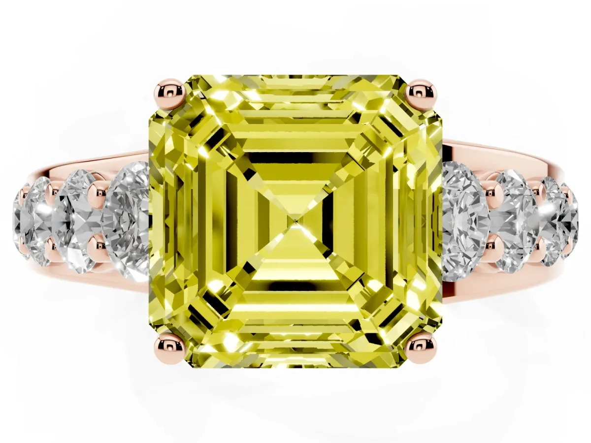 Fancy Yellow Asscher Cut Diamond Engagement Ring with Pavé Band and Four-Prong Setting Rose gold
