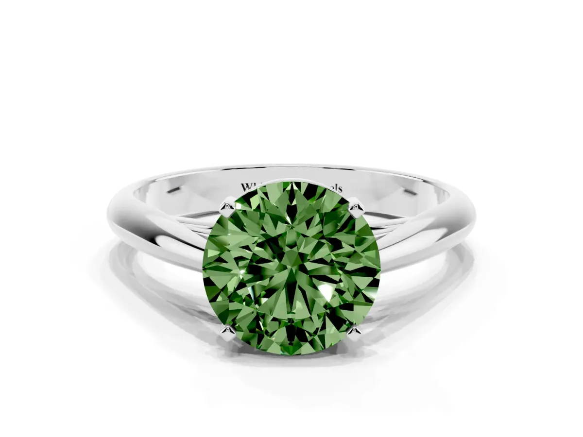 Fancy Green Round Cut Diamond Solitaire Engagement Ring with Cathedral Setting and Four-Prong Mount Silver