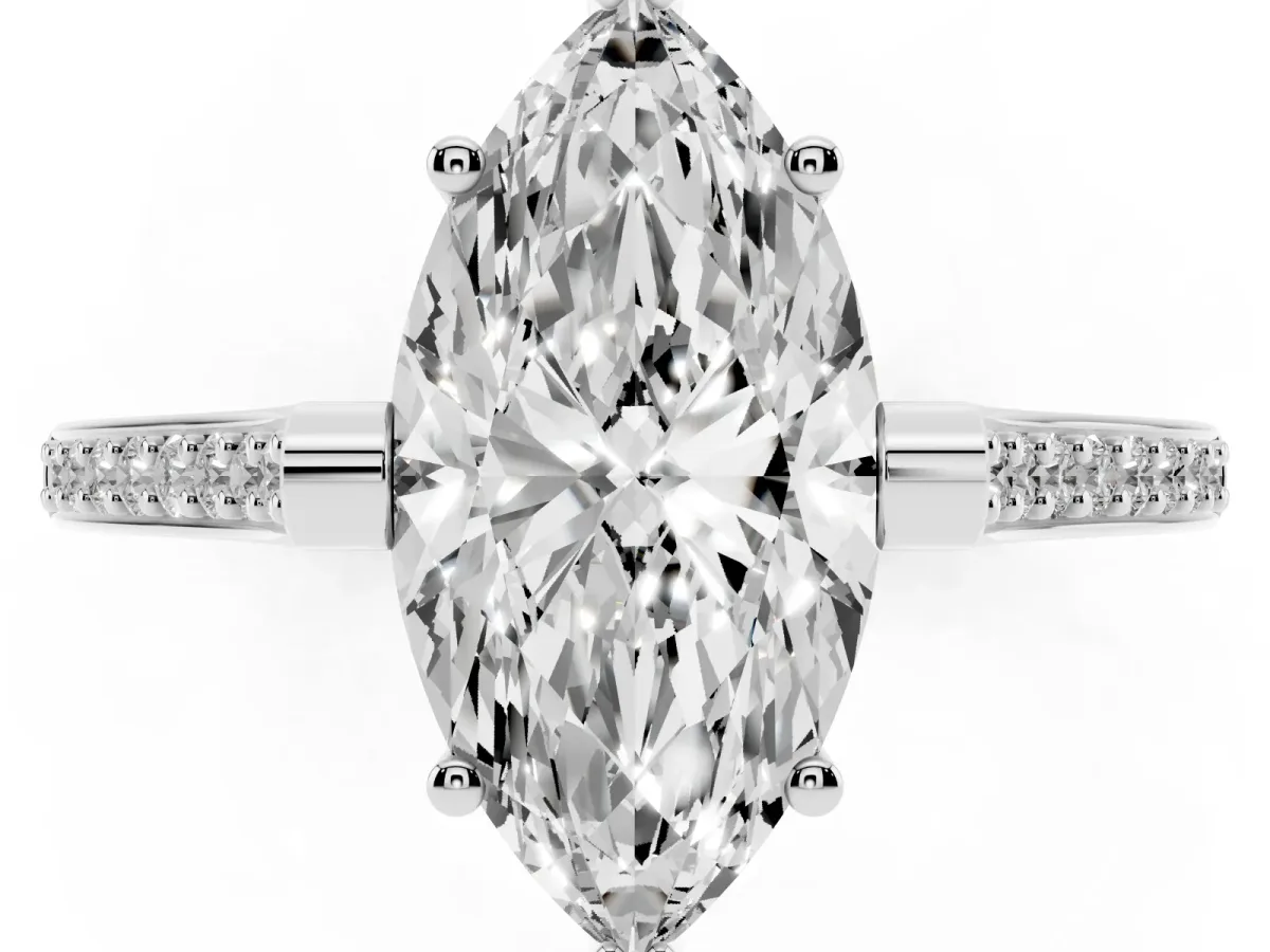 Marquise Cut Solitaire Diamond Ring with Channel Set Band and Bezel Prong Setting Platinum