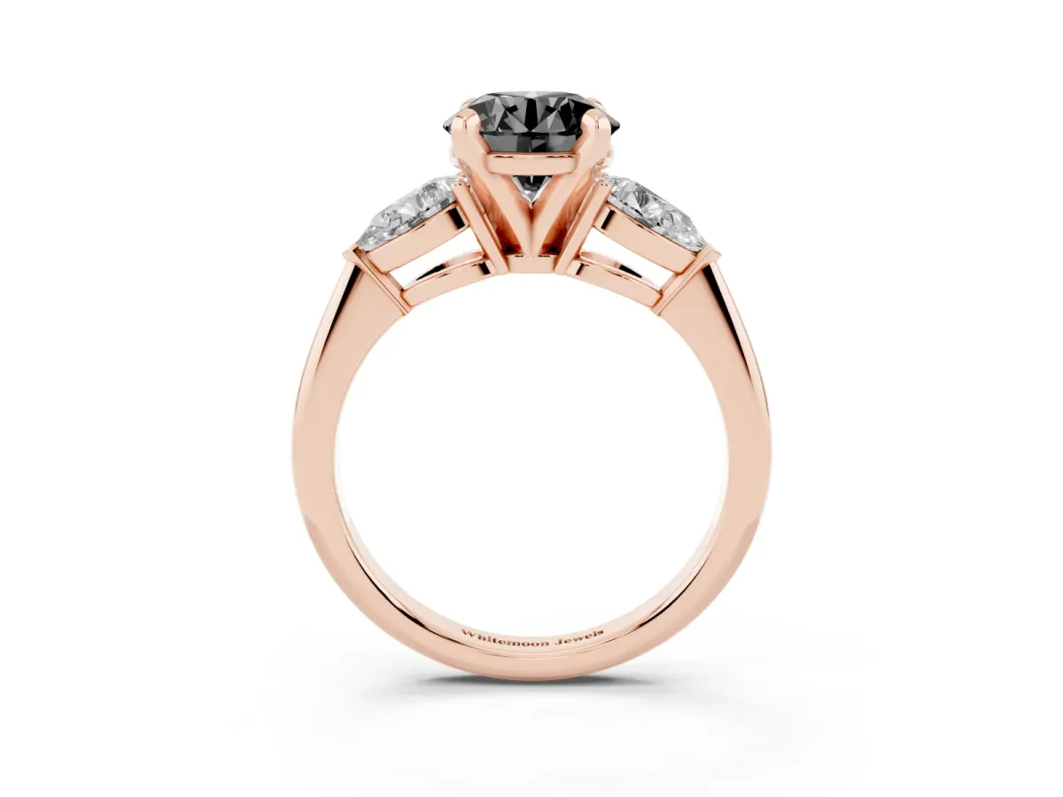 Fancy Black Three-Stone Round Cut Diamond Ring with Pear Side Stones and Four-Prong Setting Rose gold