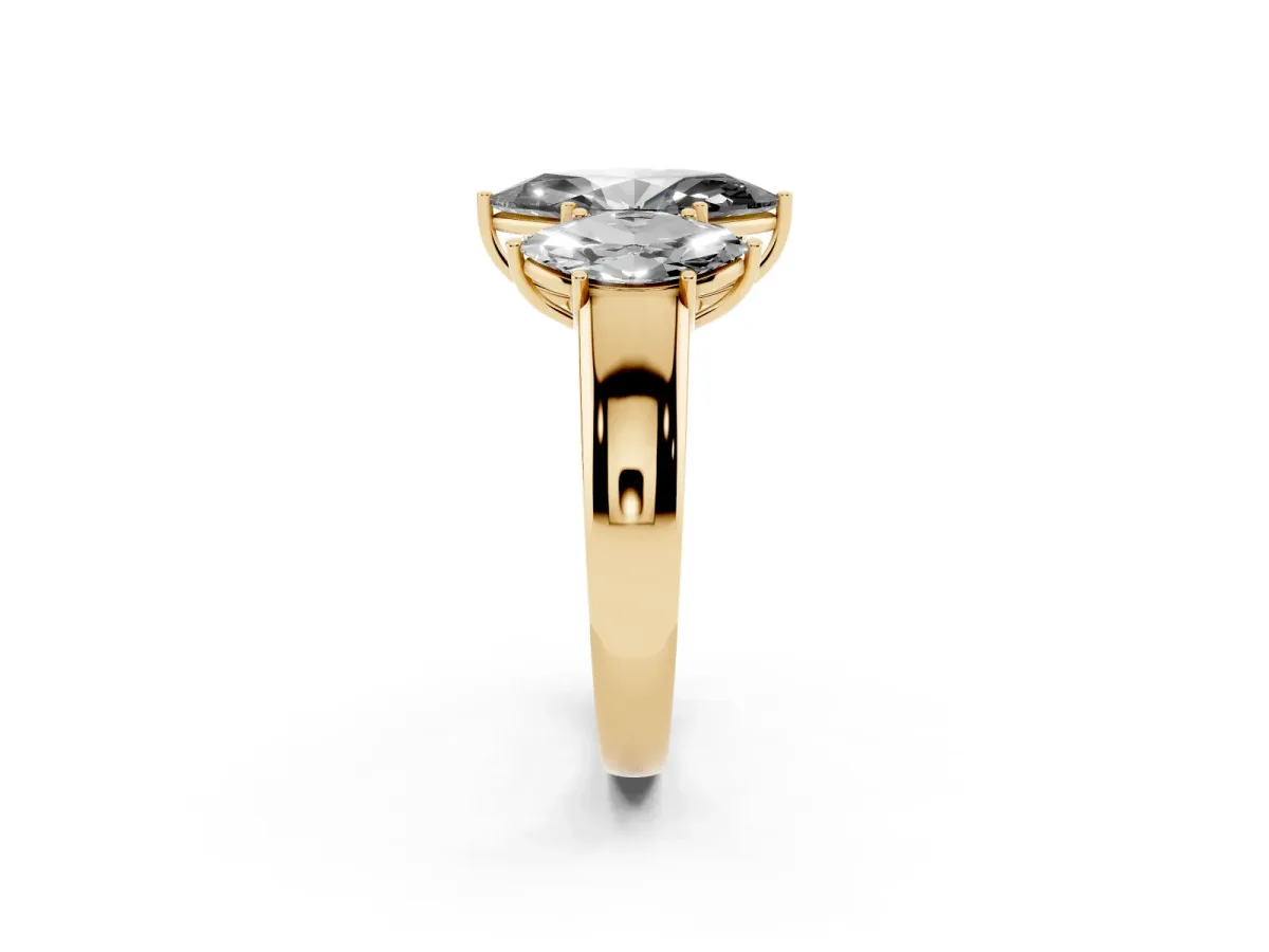 Fancy Black Three-Stone Marquise Cut Cut Diamond Ring with Prong Setting and Classic Band Yellow gold