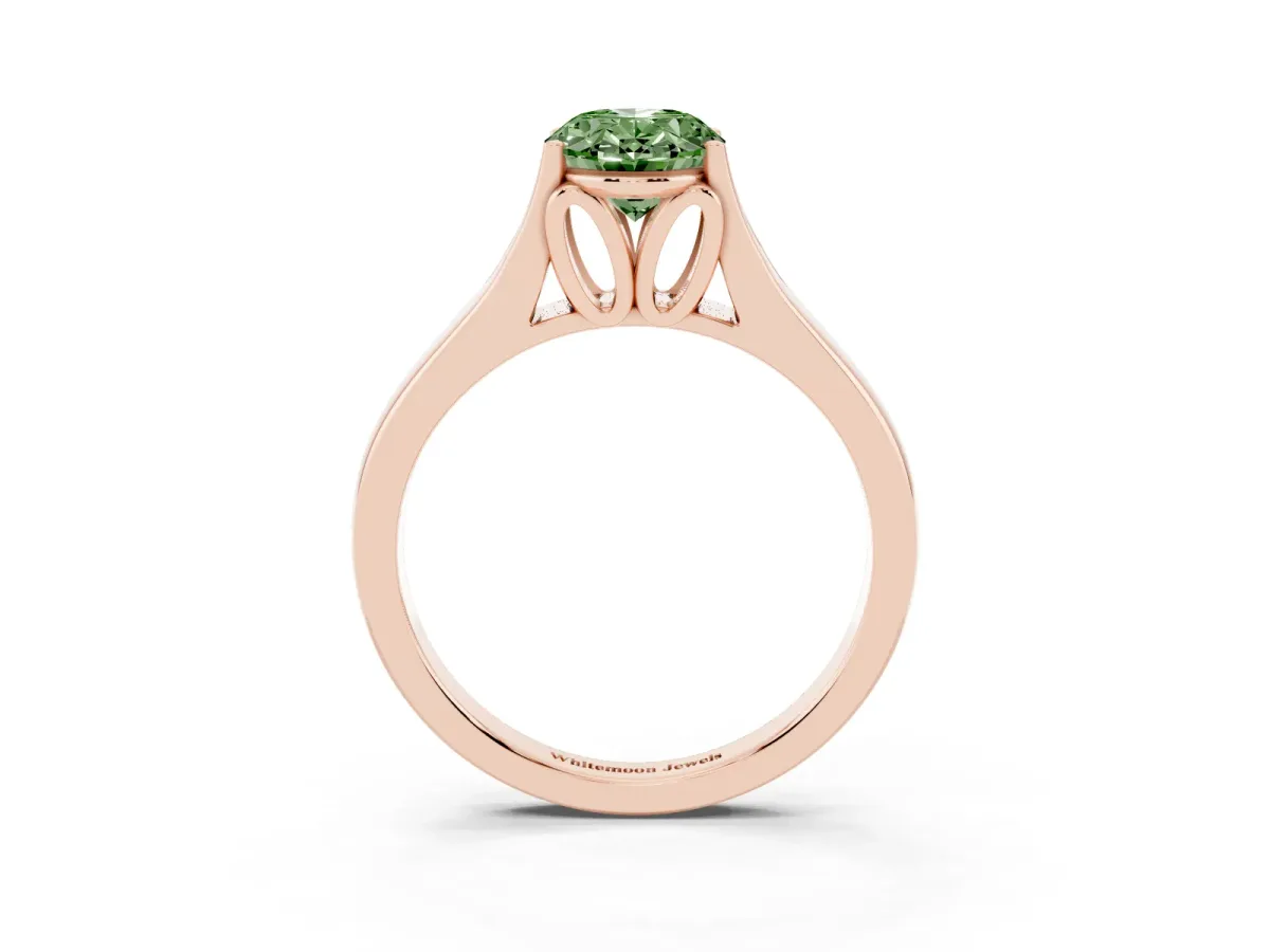 Fancy Green Oval Cut Solitaire Diamond Ring with Cathedral Band and Four-Prong Setting Rose gold