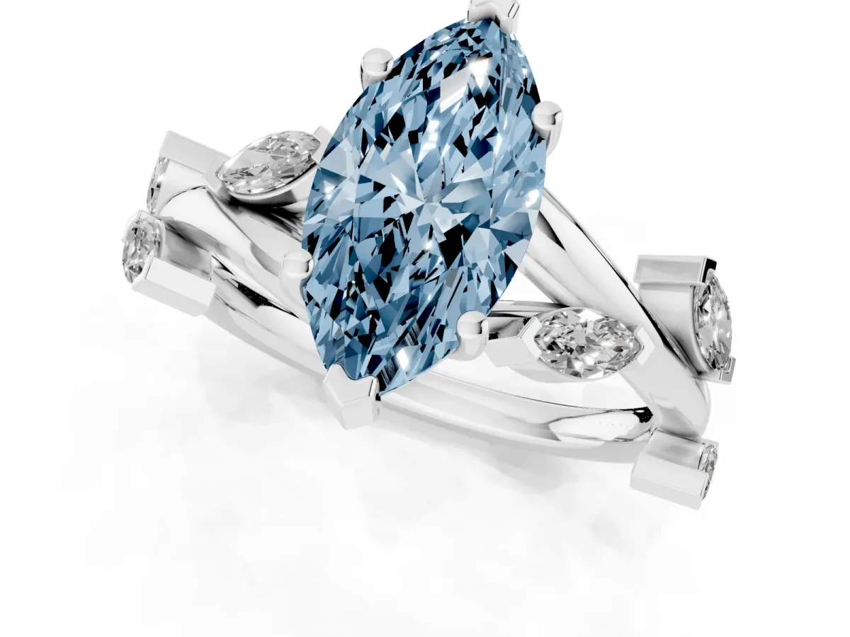 Fancy Blue Marquise Cut Solitaire Twisted Band Marquise Accent Prong Setting Ring Platinum