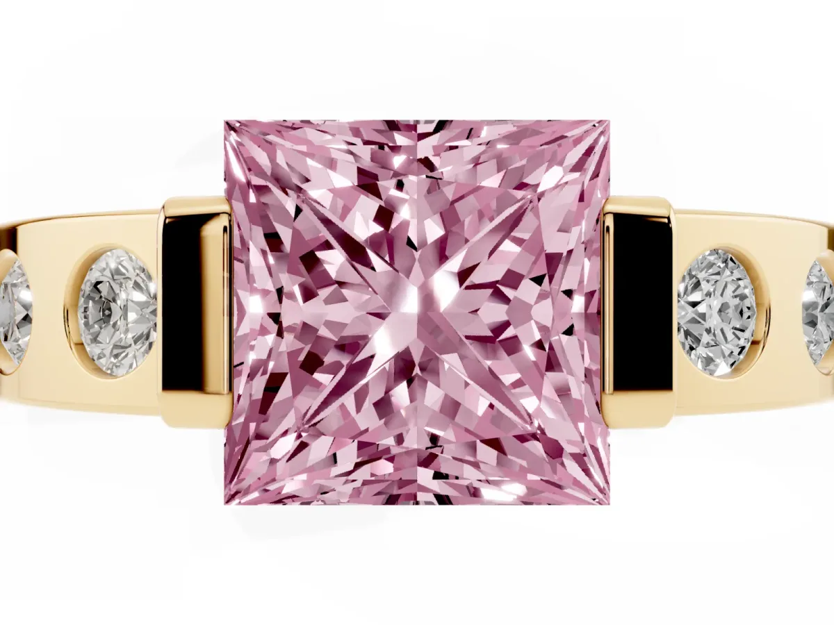Fancy Pink Princess Cut Brilliant Channel-Set Diamond Ring with Bezel Prong Setting Yellow gold