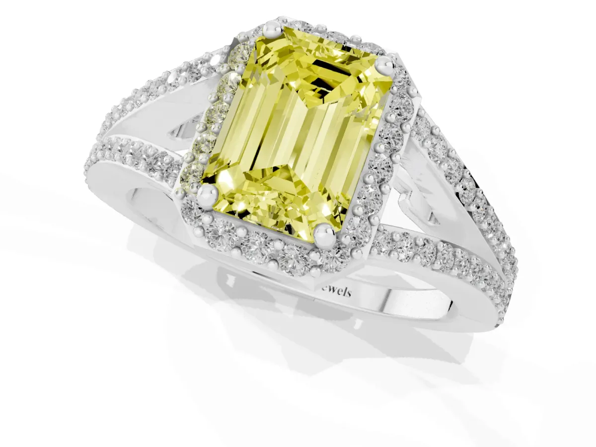 Fancy Yellow Emerald Cut Halo Split Shank Diamond Ring with Prong Setting Platinum