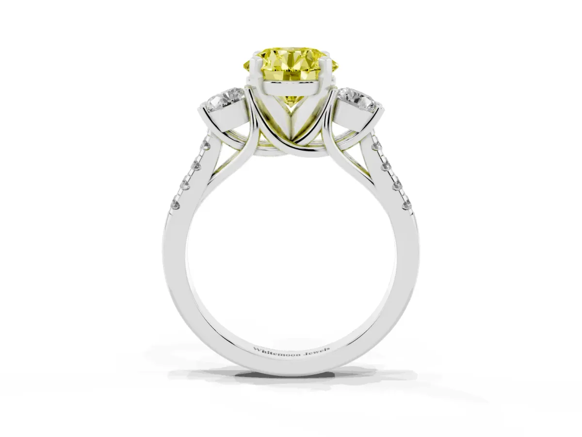 Fancy Yellow Three-Stone Round Cut Diamond Pavé Band with Four-Prong Setting Silver