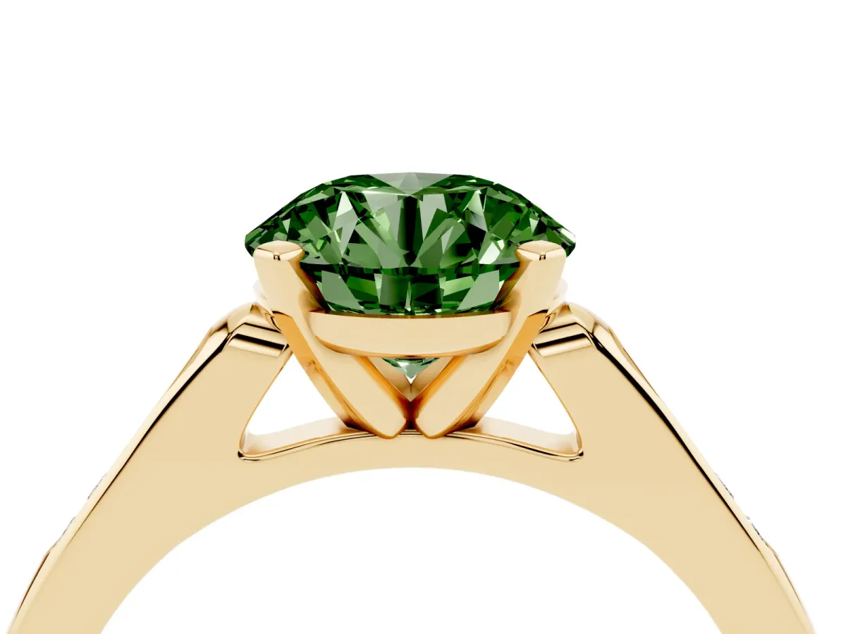 Fancy Green Round Cut Diamond Solitaire Ring with Channel Set Round Band and Prong Setting Yellow gold