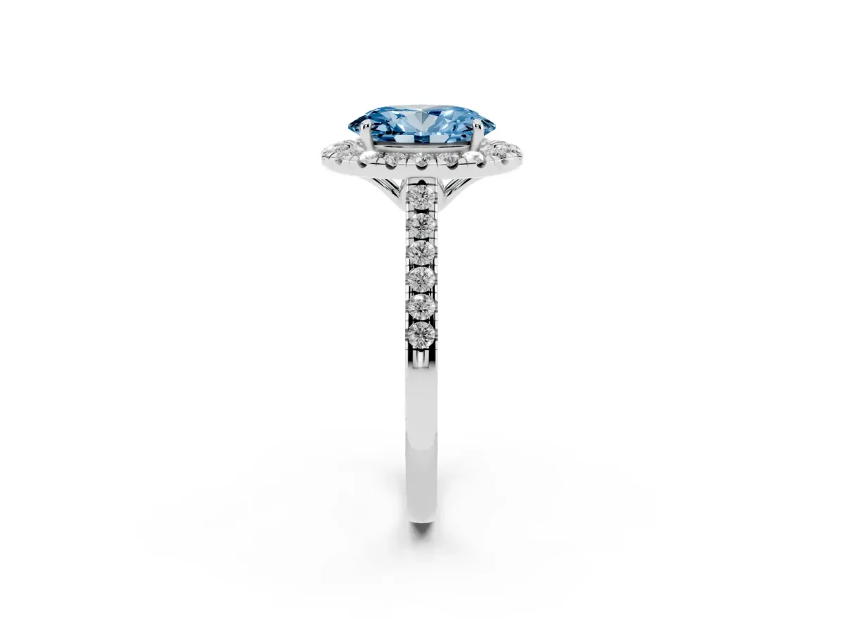 Fancy Blue Oval Cut Halo Pavé Diamond Engagement Ring with Four-Prong Setting White gold