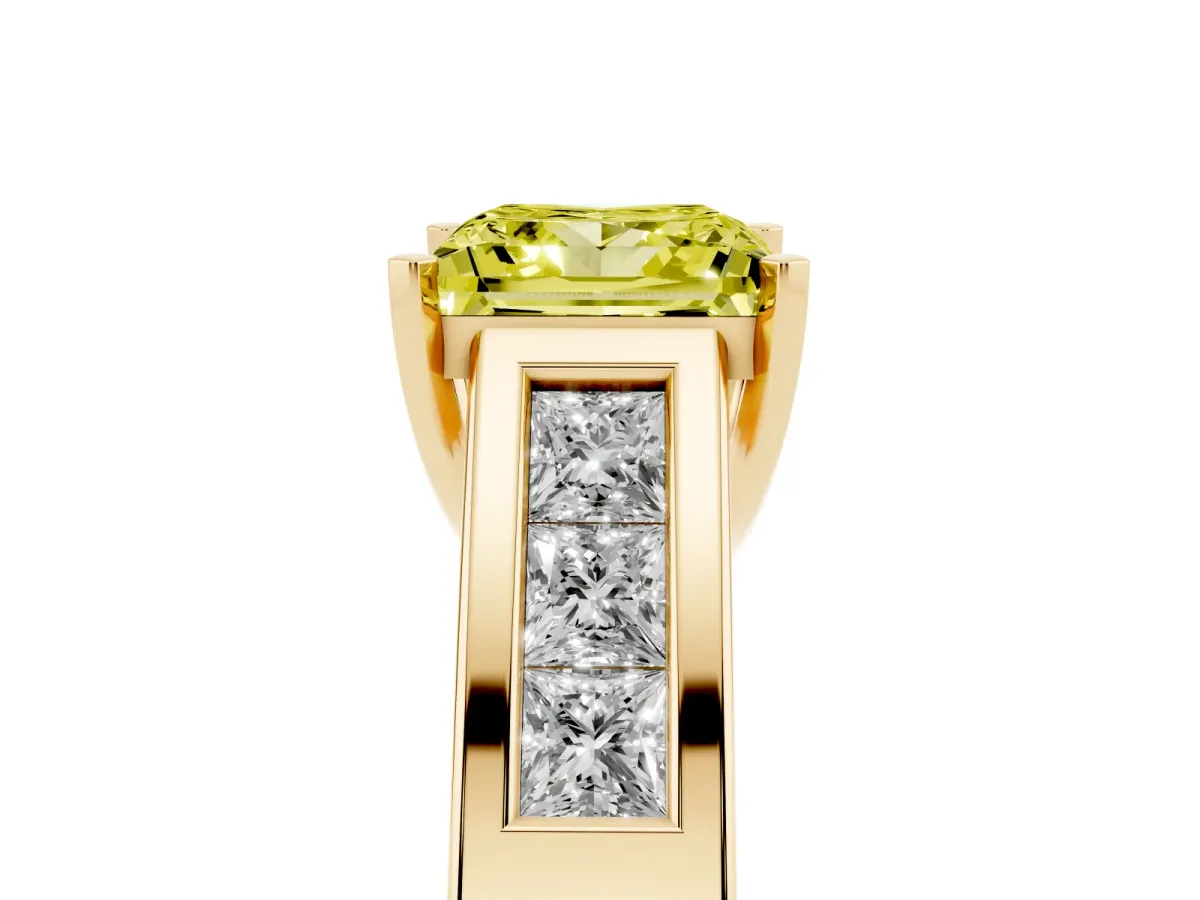 Fancy Yellow Princess Cut Cut Channel Set Solitaire Ring with Four-Prong Setting Yellow gold