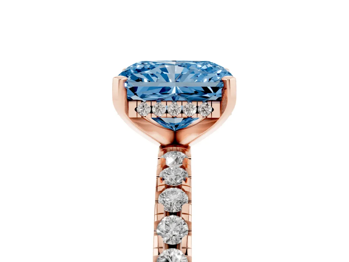 Fancy Blue Radiant Cut Diamond Solitaire Ring with Round Pavé Band and Four-Prong Setting Rose gold