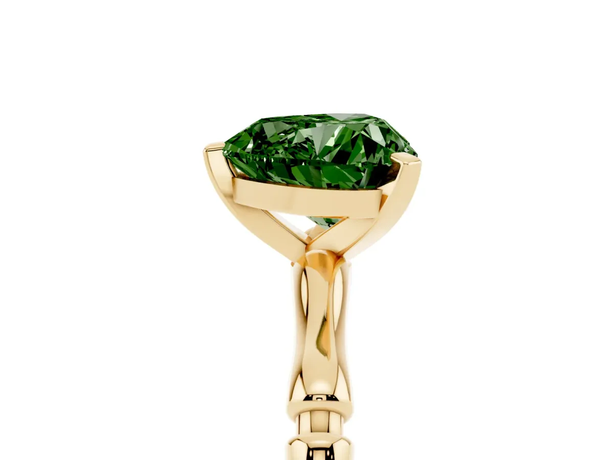 Fancy Green Heart Cut Solitaire Diamond Ring with Bamboo Band and Four-Prong Setting Yellow gold