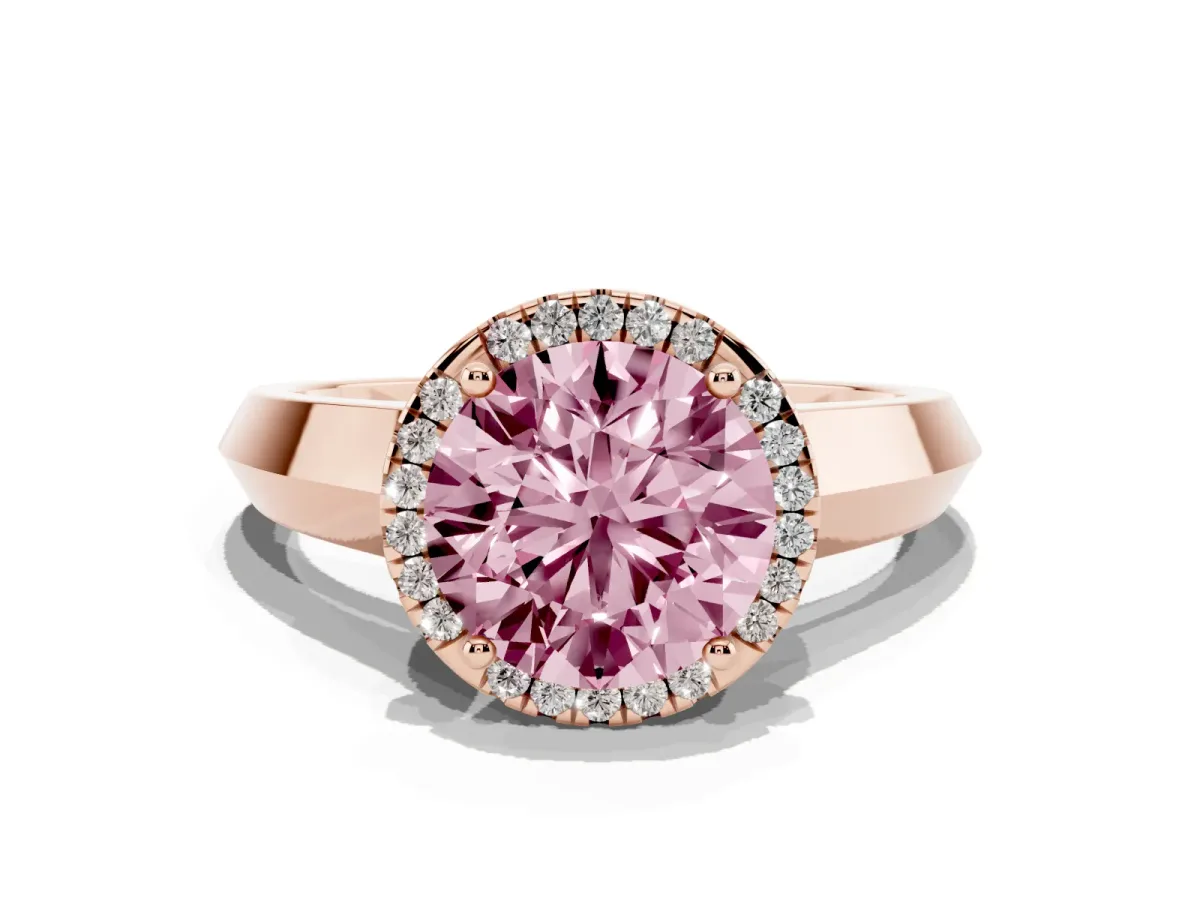 Fancy Pink Round Cut Halo Diamond Ring with Cathedral Band and Four-Prong Setting Rose gold