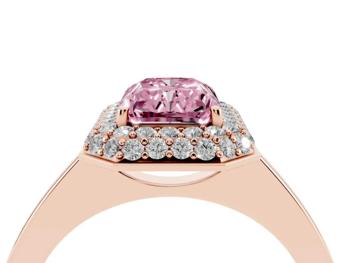 Fancy Pink Radiant Cut Halo Diamond Engagement Ring with Solitaire Band and Four-Prong Setting Rose gold