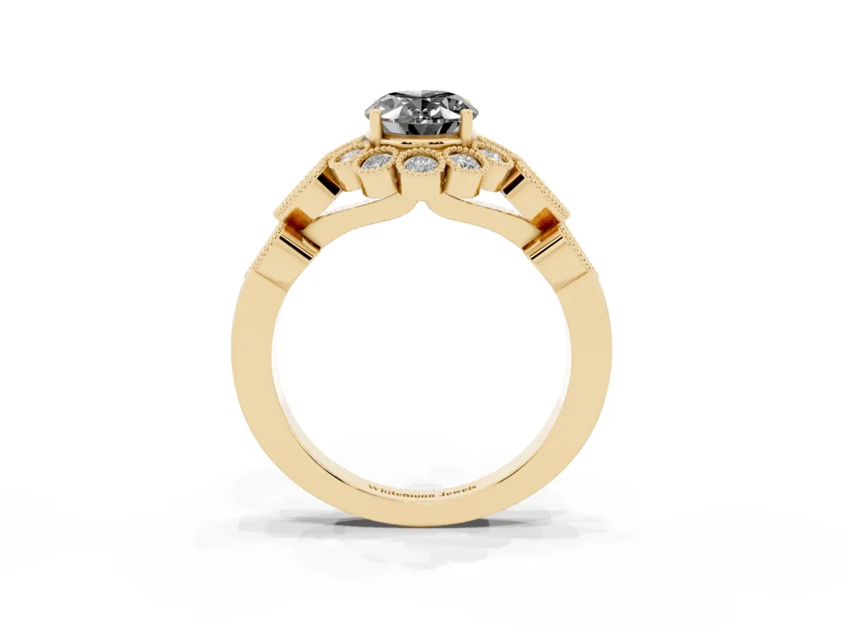 Fancy Black Oval Cut Brilliant Milgrain Pave Heart Band Solitaire Ring Yellow gold