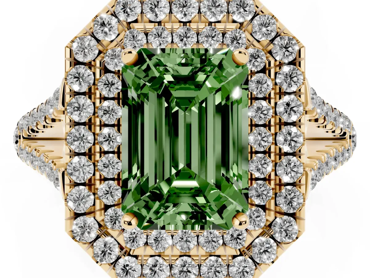 Fancy Green Emerald Cut Diamond Double Halo Ring with Pavé Band and Prong Setting Yellow gold