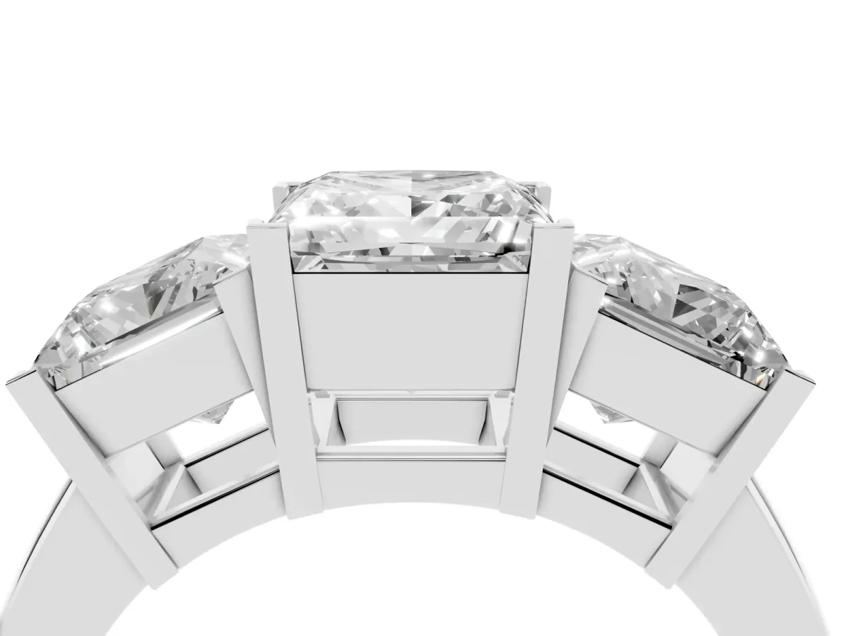 Three-Stone Princess Cut Cut Diamond Ring with Channel Set Band and Four-Prong Setting Silver