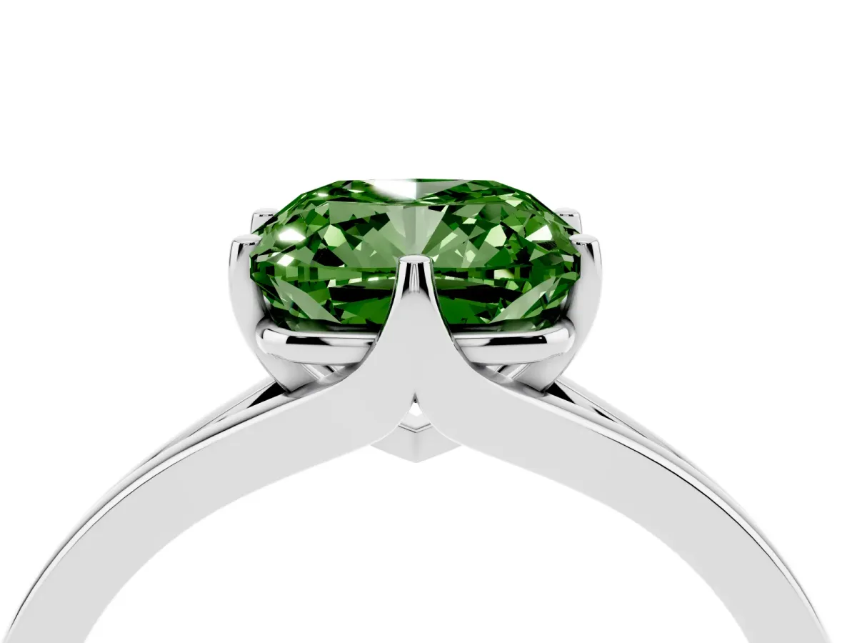 Fancy Green Cushion Cut Solitaire Diamond Ring with Six-Prong Setting and Tapered Band Silver