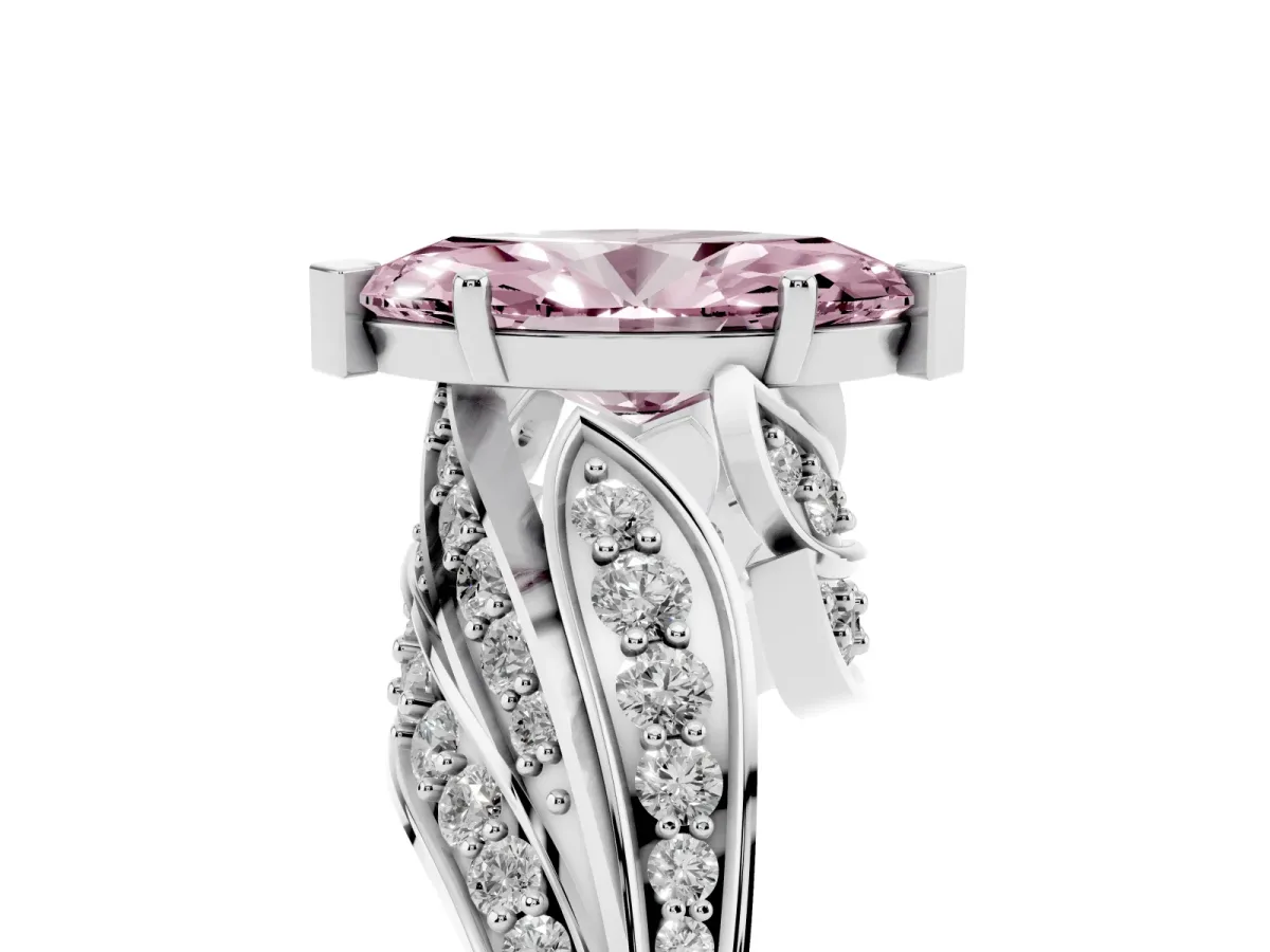 Fancy Pink Marquise Cut Diamond Solitaire Ring with Prong Setting and Twisted Pavé Band Silver